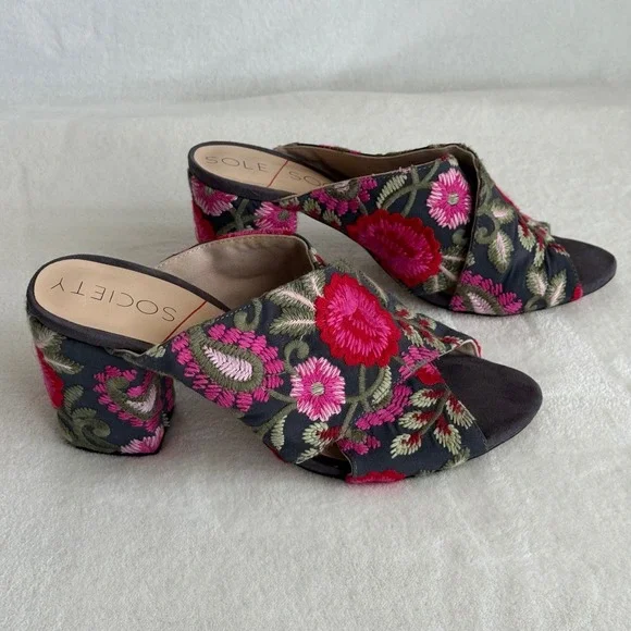 Sole Society Women's Embroidered Floral Open Toe Heels Shoes 7.5 Chunky Heel - Picture 7 of 16